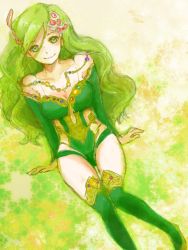 Rule 34 | 1990s (style), 1girl, breasts, cleavage, clothing cutout, final fantasy, final fantasy iv, final fantasy iv: the after years, from above, green hair, leotard, long hair, namechi, retro artstyle, rydia (ff4), side cutout, sitting, solo, thighhighs