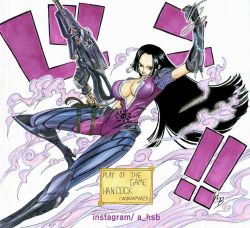Rule 34 | 1girl, black hair, blue eyes, boa hancock, breasts, character name, cleavage, cosplay, earrings, female focus, grapnel, grappling hook, gun, han seok-bum, jewelry, large breasts, long hair, official style, one piece, overwatch, overwatch 1, rifle, solo, weapon, widowmaker (overwatch), widowmaker (overwatch) (cosplay)