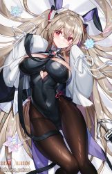 Rule 34 | 1girl, anchor, anchorage (azur lane), animal ears, artist name, azur lane, black bodysuit, black pantyhose, bodysuit, breasts, choker, cleavage, cleavage cutout, clothing cutout, commentary request, crossed bangs, crystal, fake animal ears, grey hair, hair ornament, head tilt, headgear, heart cutout, highres, hwansang jungdog, jewelry, knees together feet apart, large breasts, leotard, lying, on back, pantyhose, pink ribbon, playboy bunny, rabbit choker, rabbit ears, red eyes, ribbon, sidelocks, skin tight, skindentation, sleeve ribbon, sleeves past fingers, sleeves past wrists, smile, solo, thick thighs, thighs, twitter username, white ribbon