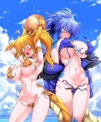 Rule 34 | 2girls, annes (g (genesis1556)), antenna hair, arisa (g (genesis1556)), armlet, armpits, arms up, ball, bare shoulders, beachball, bikini, blonde hair, blue bikini, blue eyes, blue hair, blue jacket, blue pubic hair, blue sky, blush, breasts, claws, closed mouth, cloud, collarbone, colored pubic hair, commentary request, commission, cowboy shot, day, dragon claw, dragon girl, dragon horns, dragon tail, eyepatch, fang, female pubic hair, fur-trimmed jacket, fur trim, g (genesis1556), hair between eyes, high ponytail, highres, holding, holding ball, horns, jacket, large breasts, long hair, looking down, monster girl, multiple girls, navel, nose blush, ocean, off shoulder, open mouth, original, outdoors, ponytail, pubic hair, pubic hair peek, scales, scar, scar across eye, side-tie bikini bottom, sidelocks, skeb commission, skindentation, sky, standing, stitches, swimsuit, tail, torn bikini, torn clothes, wardrobe malfunction, wide-eyed, yellow bikini, yellow eyes