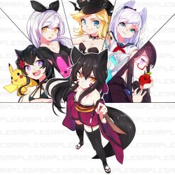 Rule 34 | 6+girls, animal ears, black hair, breasts, closed mouth, creatures (company), dress, ejami, fox ears, fox girl, fox tail, game freak, gen 1 pokemon, long hair, looking at viewer, multiple girls, nintendo, open mouth, pikachu, pokemon, pokemon (creature), sample watermark, simple background, smile, tail, thighhighs, watermark, white background