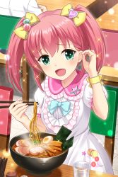 Rule 34 | 1girl, :d, absurdres, alternative girls, bow, dress, food, green eyes, hair between eyes, hair bow, hand in own hair, highres, long hair, mano sakurako, noodles, open mouth, ramen, red hair, ribbon, short sleeves, smile, solo, sparkle, twintails, white dress, wrist ribbon, yellow bow, yellow ribbon