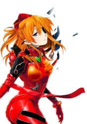 Rule 34 | 1girl, ak2, arms at sides, blue eyes, cowboy shot, eyepatch, floating hair, from side, gloves, hair between eyes, hair ornament, half-closed eyes, highres, long hair, looking at viewer, neon genesis evangelion, orange hair, parted bangs, plugsuit, red gloves, red ribbon, ribbon, simple background, skin tight, solo, souryuu asuka langley, standing, two side up, white background