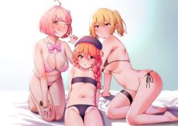 Rule 34 | 3girls, ahoge, amano don, bad id, bad pixiv id, barefoot, beret, bikini, black bikini, blonde hair, blush, bow, bowtie, bracelet, braid, breasts, brown hair, chieru (princess connect!), chloe (princess connect!), cleavage, closed mouth, commentary request, hair between eyes, hair ornament, hat, highres, jewelry, kneeling, large breasts, long hair, looking at viewer, multiple girls, navel, one eye closed, pink bikini, pink hair, pointy ears, princess connect!, purple eyes, short hair, side-tie bikini bottom, sitting, small breasts, star (symbol), star hair ornament, swimsuit, thigh strap, tongue, tongue out, yellow eyes, yuni (princess connect!)