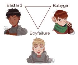 Rule 34 | 3boys, armor, blonde hair, blush, chilchuck tims, clueless, comparison, cropped shoulders, dark-skinned male, dark skin, dungeon meshi, english text, false smile, furrowed brow, halfling, highres, ireleglitter, kabru, laios touden, multiple boys, plate armor, smile, triangle