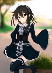 Rule 34 | 1girl, absurdres, ahoge, alternate costume, black dress, black eyes, black footwear, black hair, black thighhighs, blurry, blurry background, blush, braid, bush, center frills, choker, closed mouth, corset, cowboy shot, day, dress, frilled dress, frilled thighhighs, frills, gothic lolita, hair between eyes, hair over shoulder, head tilt, headdress, highres, kantai collection, leg up, loafers, lolita fashion, looking at viewer, outdoors, revision, shigure (kancolle), shoes, sidelocks, single braid, smile, solo, standing, standing on one leg, thighhighs, thighs, tree, uzuki tsukuyo, wide sleeves