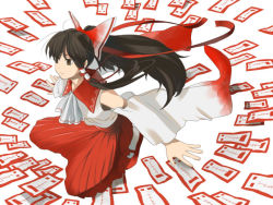 Rule 34 | 1girl, bow, brown eyes, brown hair, detached sleeves, female focus, from side, hair bow, hair tubes, hakurei reimu, long hair, long sleeves, ofuda, ponytail, profile, red bow, red eyes, ribbon-trimmed sleeves, ribbon trim, sidelocks, simple background, solo, touhou, umishima senbon, white background