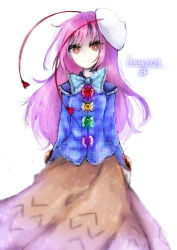 Rule 34 | 1girl, arms at sides, bad id, bad pixiv id, bow, bowtie, expressionless, hata no kokoro, highres, long hair, long sleeves, looking at viewer, mask, pink eyes, pink hair, plaid, plaid shirt, shirt, simple background, sketch, skirt, solo, touhou, unmoving pattern, upper body, white background, yuxyon