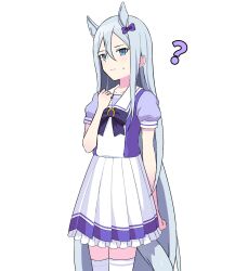Rule 34 | 1girl, ?, blue eyes, blue hair, bow, closed mouth, commentary, cowgirl position, extra ears, hair between eyes, hand up, hatsukishino, highres, horse girl, light blue hair, long hair, looking at viewer, project sekai, purple bow, school uniform, short sleeves, simple background, solo, straddling, thighhighs, very long hair, white background, yoisaki kanade
