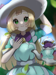Rule 34 | 1girl, absurdres, arm up, bad id, bad pixiv id, blonde hair, blurry, blush, closed mouth, commentary request, creatures (company), day, dress, eyelashes, game freak, gen 8 pokemon, green dress, green eyes, hand up, hat, highres, kurumiya (krmy p), lillie (pokemon), lillie (special costume) (pokemon), long hair, looking at viewer, nail polish, nintendo, official alternate costume, outdoors, pink nails, pokemon, pokemon (creature), pokemon masters ex, polteageist, short sleeves, smile, white headwear