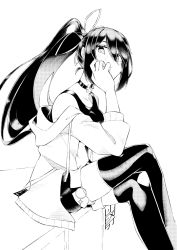 Rule 34 | 1girl, alternate costume, artist logo, black shirt, black thighhighs, choker, crossed legs, from side, greyscale, head rest, high ponytail, highres, hololive, hololive indonesia, jacket, legs, long hair, looking at viewer, monochrome, moona hoshinova, off shoulder, ponytail, rabbit, shirt, shorts, simple background, sitting, solo, tank top, thighhighs, thighs, unexistarts, very long hair, virtual youtuber, white background