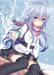 Rule 34 | 10s, 1girl, ahoge, aruka (alka p1), black thighhighs, blue eyes, blush, coat, commentary request, hibiki (kancolle), kantai collection, long hair, looking at viewer, scarf, silver hair, sitting, skirt, smile, snow, solo, thighhighs, verniy (kancolle)