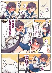 Rule 34 | &gt; &lt;, 10s, 1boy, 1girl, :d, akebono (kancolle), blush, comic, commentary, closed eyes, flower, plucking petals, highres, kantai collection, liking, long hair, open mouth, petals, pleated skirt, ponytail, punching, purple hair, school uniform, serafuku, skirt, smile, translation request, trembling, tsundere