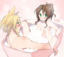 Rule 34 | 1boy, 1girl, aerith gainsborough, bad id, bad pixiv id, bathtub, blonde hair, blush, breasts, brown hair, closed mouth, cloud strife, final fantasy, final fantasy vii, green eyes, krudears, long hair, looking at viewer, mixed-sex bathing, nude, shared bathing, smile, soap bubbles, spiked hair, square enix