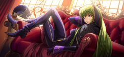 Rule 34 | 1girl, arm up, artist request, black cape, black gloves, black headwear, blue bodysuit, blue footwear, bodysuit, breasts, c.c., cape, code geass, code geass: lost stories, cosplay, couch, crossed legs, dutch angle, female focus, from behind, game cg, gloves, gold trim, green hair, hand on own cheek, hand on own face, helmet, high collar, highres, indoors, long hair, long sleeves, looking at viewer, looking back, lying, medium breasts, non-web source, official art, on back, on couch, parted lips, shoes, sidelocks, solo, teeth, two-sided cape, two-sided fabric, unworn headwear, unworn helmet, window, yellow eyes, zero (code geass), zero (code geass) (cosplay)