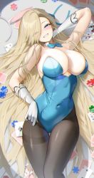 Rule 34 | 1girl, absurdres, ace (playing card), ace of spades, animal ears, arm up, asuna (blue archive), asuna (bunny) (blue archive), bad id, bad twitter id, blonde hair, blue archive, blue eyes, blue leotard, blue ribbon, blush, breasts, brown pantyhose, card, cleavage, covered navel, eyes visible through hair, fake animal ears, gloves, grin, hair over one eye, hair ribbon, hairband, highres, jeon-eo konoshiro, large breasts, leotard, long hair, looking at viewer, pantyhose, playboy bunny, playing card, poker chip, ribbon, smile, solo, spade (shape), strapless, strapless leotard, thigh gap, unworn hairband, very long hair, white gloves
