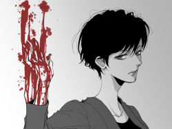 Rule 34 | 1girl, abstract, akeboshi miki, bleeding, blood, blood on hands, expressionless, eyebrows hidden by hair, greyscale, higashiyama kazuko, lips, lipstick, looking to the side, makeup, monochrome, mozu (tv series), pixie cut, short hair, solo, spot color, upper body