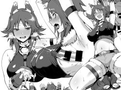 Rule 34 | 1boy, 1girl, :d, @ @, amano don, animal ear fluff, animal ears, armpits, arms behind head, bare shoulders, blush, breasts, cum, ejaculation, fang, flying sweatdrops, gluteal fold, greyscale, head out of frame, hetero, long hair, makoto (princess connect!), midriff, monochrome, navel, open mouth, penis, princess connect!, sample watermark, shorts, simple background, sleeves past wrists, smile, sweat, toeless footwear, tongue, watermark, white background, wolf ears