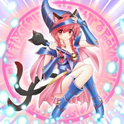 Rule 34 | 1girl, :t, animal ears, bad id, bad pixiv id, blue footwear, blush, boots, braid, breasts, cape, cat ears, cat girl, cat tail, cosplay, dark magician girl, dark magician girl (cosplay), duel monster, female focus, hat, hexagram, kaenbyou rin, magic circle, multiple tails, red eyes, red hair, short hair, showgirl skirt, skirt, solo, staff, star of david, tail, topia, touhou, twin braids, yu-gi-oh!, yu-gi-oh! duel monsters