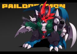 Rule 34 | 00s, armor, brown eyes, character name, chibi, claws, digimon, digimon (creature), digimon adventure 02, gun, letterboxed, no humans, paildramon, shadow, solo, spikes, weapon, wings, wokashiya