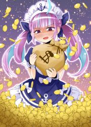 Rule 34 | 1girl, @ @, ahoge, anchor symbol, blush, coin, colored inner hair, commentary request, drill hair, falling, gold, gold coin, hair ribbon, holding, hololive, long hair, looking at viewer, minato aqua, minato aqua (1st costume), moneybag, multicolored hair, open mouth, purple eyes, purple hair, ribbon, semahiro, solo, sparkle background, twin drills, virtual youtuber