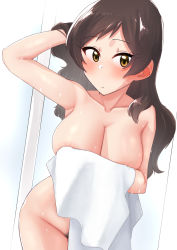 Rule 34 | 1girl, armpits, arms up, breasts, brown eyes, brown hair, cleavage, closed mouth, collarbone, commentary request, covering privates, cowboy shot, female pubic hair, hand in own hair, holding, holding towel, idolmaster, idolmaster million live!, kitazawa shiho, kurozako, large breasts, light blush, looking at viewer, naked towel, nude cover, pubic hair, solo, towel, wet, white background