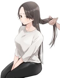 Rule 34 | 1girl, 1other, black pants, blush, breasts, brown eyes, brown hair, closed mouth, furrowed brow, highres, holding another&#039;s hair, kyoi hey, long hair, long sleeves, looking at viewer, medium breasts, original, pants, parted bangs, shirt, sitting, sweat, upper body, white background, white shirt