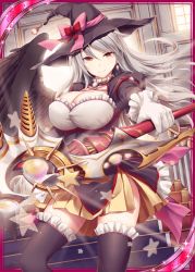Rule 34 | 1girl, akkijin, breasts, gloves, grey hair, hat, looking at viewer, pink ribbon, red ribbon, ribbed hat, ribbon, shinkai no valkyrie, smile, solo, staff, star (symbol), thighhighs, weapon, white gloves, wings, witch, witch hat, yellow eyes