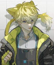 Rule 34 | 1boy, :p, absurdres, animal ears, black jacket, blonde hair, closed mouth, collared shirt, commentary, english commentary, fingerless gloves, gloves, gradient hair, grey shirt, hair between eyes, hand up, highres, jacket, keita kg85, lion boy, lion ears, lion tail, load bearing vest, looking at viewer, male focus, mole, mole on neck, multicolored hair, nijisanji, nijisanji en, open clothes, open jacket, paw pose, purple eyes, shadow, shirt, short hair, solo, sonny brisko, sonny brisko (1st costume), tail, tongue, tongue out, upper body, vest, virtual youtuber, yellow gloves, zipper