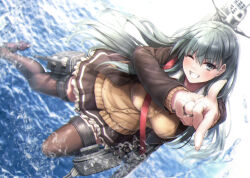 Rule 34 | 1girl, blush, brown cardigan, brown skirt, brown thighhighs, buttons, cardigan, collared shirt, green eyes, green hair, grin, hair between eyes, hair ornament, hairclip, jewelry, kantai collection, long hair, long sleeves, machinery, one eye closed, open cardigan, open clothes, pleated skirt, rigging, ring, shirt, skirt, smile, solo, suien, suzuya (kancolle), suzuya kai ni (kancolle), thighhighs, turret, wedding ring, white shirt