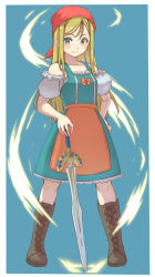 Rule 34 | 1girl, apron, bare shoulders, blonde hair, blue eyes, breasts, closed mouth, dragon quest, dragon quest xi, dress, emma (dq11), head scarf, long hair, looking at viewer, nyantiu, puffy short sleeves, puffy sleeves, short sleeves, smile, solo, straight hair, sword, weapon
