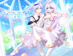 Rule 34 | 1boy, 1girl, armpits, blouse, breasts, bridal veil, carrying, ciel (elsword), cleavage, collared shirt, crown, day, demon girl, dreadlord (elsword), dress, elsword, falling petals, fang, full body, hair between eyes, halterneck, highres, jewelry, luciela r. sourcream, outdoors, petals, pointy ears, princess carry, ring, shirt, smile, sparkle, standing, star-shaped pupils, star (symbol), symbol-shaped pupils, tagme, veil, wavy hair, wedding, wedding dress, white shirt, xes (xes 5377)