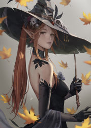 Rule 34 | 1girl, autumn, autumn leaves, black dress, black gloves, breasts, brown eyes, brown hair, choker, commentary, dress, elf, english commentary, from side, gloves, grey background, hair ornament, hat, highres, looking at viewer, looking to the side, medium breasts, nibelart, original, pointy ears, ponytail, signature, solo, upper body, wand, witch, witch hat