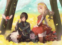 Rule 34 | 1boy, 1girl, black hair, blonde hair, blurry, boots, breasts, brown shirt, brown thighhighs, calem (pokemon), closed mouth, commentary request, creatures (company), day, espurr, eyewear on headwear, field, fletchling, floating hair, flower, flower field, furfrou, furfrou (natural), game freak, gen 6 pokemon, glowing, hand up, hat, highres, jacket, kneeling, long hair, long sleeves, nasakixoc, nintendo, outdoors, pants, petals, pleated skirt, pokemon, pokemon (creature), pokemon xy, red skirt, serena (pokemon), shirt, short hair, sitting, skirt, sleeveless, sleeveless shirt, smile, strap, sunglasses, thighhighs, tree, turtleneck, turtleneck jacket, unworn hat, unworn headwear, yellow flower
