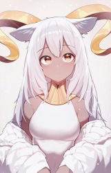Rule 34 | 1girl, absurdres, animal ears, arknights, bare shoulders, beeswax (arknights), beeswax (weisser sand) (arknights), beudelb, breasts, brown eyes, cardigan, commentary, curled horns, goat ears, goat girl, goat horns, grey background, highres, horns, light blush, long hair, looking at viewer, medium breasts, off shoulder, official alternate costume, open cardigan, open clothes, simple background, upper body, white cardigan, white hair, yellow eyes