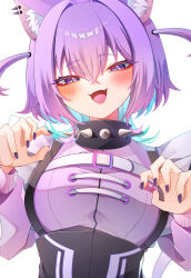 1girl absurdres alternate_costume animal_ear_fluff animal_ears black_collar blue_hair cat_ears cat_girl chest_belt collar colored_inner_hair doom_yorusen fangs highres hololive looking_at_viewer medium_hair multicolored_hair nail_polish nekomata_okayu purple_eyes purple_hair purple_nails purple_shirt shirt skin_fangs smile solo spiked_collar spikes two_side_up virtual_youtuber white_background