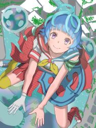 Rule 34 | 1girl, alternate color, aqua hair, armband, black shorts, blue footwear, blue hair, blue sailor collar, blue skirt, blunt bangs, bubble, checkered clothes, checkered skirt, collarbone, gloves, green armband, green undershirt, highres, horizontal-striped clothes, light blush, looking at viewer, looking up, mismatched socks, multicolored clothes, multicolored footwear, multicolored hair, multicolored sailor collar, multicolored skirt, multicolored socks, navel, neckerchief, purple eyes, red brooch, red footwear, red sailor collar, red skirt, red socks, ruins, sailor collar, shirt, short hair, short sleeves, shorts, single bare arm, single bare leg, sitting, skirt, smile, socks, solo, tareme, torn clothes, torn shirt, torn skirt, two-tone footwear, two-tone hair, two-tone sailor collar, two-tone skirt, two-tone socks, uta (bubble), wariza, white gloves, white shirt, white sleeves, yellow neckerchief, yellow socks, yorumii3939