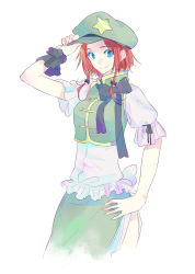 Rule 34 | 1girl, alternate hair length, alternate hairstyle, blue eyes, braid, female focus, hand on own hip, hat, highres, hong meiling, kintaro, red hair, ribbon, short hair, simple background, smile, solo, star (symbol), touhou, twin braids, white background, wrist cuffs