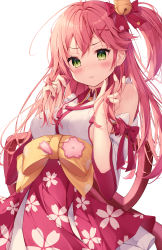 Rule 34 | 1girl, :t, absurdres, ahoge, asymmetrical hair, bell, blush, bow, breasts, closed mouth, commentary, cowboy shot, detached sleeves, floral print, green eyes, hair bell, hair bow, hair ornament, hairclip, highres, holding, holding own hair, hololive, keis (locrian1357), large bow, long hair, looking at viewer, medium breasts, pink bow, pink hair, pink skirt, pout, sakura miko, sakura miko (1st costume), sakuramon, shirt, side ponytail, sideboob, simple background, skirt, solo, virtual youtuber, white background, white shirt, wing collar, x hair ornament, yellow bow