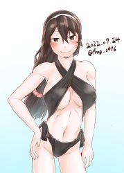 Rule 34 | 1girl, ashigara (kancolle), black one-piece swimsuit, black slingshot swimsuit, brown eyes, brown hair, commentary request, covered erect nipples, cowboy shot, dated, furaggu (frag 0416), gradient background, hairband, highres, kantai collection, long hair, looking at viewer, one-hour drawing challenge, one-piece swimsuit, side-tie swimsuit, slingshot swimsuit, solo, standing, swimsuit, twitter username, white background