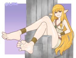 Rule 34 | 1girl, anklet, bare legs, barefoot, blonde hair, bracer, breasts, collarbone, crossed legs, earclip, elf, feet, female focus, foot focus, full body, hair tubes, jewelry, long hair, looking at viewer, orange eyes, parted lips, pointy ears, serie (sousou no frieren), shiny skin, shirt, short shorts, shorts, sidelocks, sitting, sleeveless, sleeveless shirt, small breasts, smile, soles, solo, sousou no frieren, teeth, thighs, throne, toes, tsukimaru (ls 99ml), white shirt, white shorts