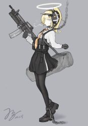 Rule 34 | 1girl, absurdres, ammunition pouch, assault rifle, black footwear, black gloves, black pantyhose, black skirt, blonde hair, chain, chained, cigarette, collared shirt, expressionless, full body, gloves, grenade launcher, grey background, gun, halo, highres, holding, holding gun, holding weapon, jerry wang, looking at viewer, m203, m4 carbine, mask, mask on head, necktie, orange necktie, original, pantyhose, pleated skirt, ponytail, pouch, rifle, shirt, shoes, simple background, skirt, smoking, solo, trigger discipline, underbarrel grenade launcher, weapon, white eyes, white halo, white shirt