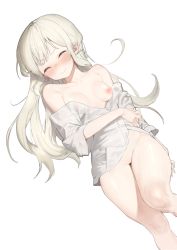 Rule 34 | 1girl, absurdres, blush, breasts, cameltoe, closed eyes, closed mouth, highres, long hair, naked shirt, nipples, nose blush, off shoulder, original, platinum blonde hair, pussy, rubyaano (ducl323), shirt, simple background, small breasts, solo, transparent background, wavy mouth, white background, white shirt
