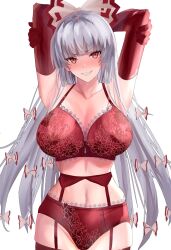 Rule 34 | 1girl, arms behind head, arms up, blush, bow, bra, breasts, cleavage, commentary request, cowboy shot, elbow gloves, enmimontoria, fujiwara no mokou, garter belt, gloves, grey hair, groin, hair bow, highres, huge breasts, lingerie, long hair, looking at viewer, panties, red bra, red eyes, red gloves, red panties, red thighhighs, simple background, solo, thighhighs, touhou, underwear, white background, white bow