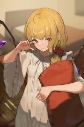 Rule 34 | 1girl, alternate costume, alternate hairstyle, arm up, bed, blanket, blonde hair, blurry, blurry background, blush, bow, bowtie, breasts, closed mouth, collarbone, commentary request, crystal, dress, flandre scarlet, floor, hair between eyes, hair ornament, hand on own face, hands up, highres, indoors, jewelry, kurowa (curowa), long sleeves, looking to the side, medium breasts, multicolored wings, no headwear, pillow, red eyes, short hair, solo, standing, touhou, wall, white bow, white bowtie, white dress, wide sleeves, window, wings