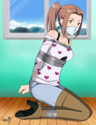 Rule 34 | 1girl, absurdres, bdsm, bondage, boots, bound, bound ankles, bound wrists, breast bondage, breasts, brown eyes, brown hair, cloth gag, denim, digimon, digimon adventure tri., gag, gagged, heart, high heel boots, high heels, highres, improvised gag, jeans, jewelry, looking at viewer, necklace, over the nose gag, pants, ponytail, shadow xcp, shirt, tachikawa mimi, variant set, white shirt