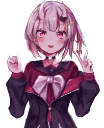 Rule 34 | 1girl, alternate hair length, alternate hairstyle, bell, black choker, blue jacket, choker, fang, fingernails, hanuke, highres, hololive, horns, jacket, jingle bell, looking at viewer, multicolored hair, nail polish, nakiri ayame, oni, open mouth, partially unzipped, pink eyes, red nails, red ribbon, ribbon, sailor collar, school uniform, short hair, side ponytail, simple background, skin-covered horns, smile, solo, streaked hair, tassel, tsurime, upper body, v, virtual youtuber, white background, white hair