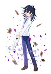 Rule 34 | 1boy, absurdres, black hair, blue-eyes white dragon, blue necktie, blue pants, card, confetti, dated, duel disk, full body, happy birthday, highres, holding, jacket, kaiba seto, kd (jichaman1), long sleeves, male focus, manjoume jun, necktie, open mouth, pants, pink shirt, playing card, purple eyes, shirt, solo, standing, translation request, white background, white jacket, yu-gi-oh!, yu-gi-oh! gx