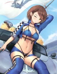 Rule 34 | 1girl, arm up, azur lane, baltimore (azur lane), baltimore (finish line flagbearer) (azur lane), bikini, bird, black bikini, black choker, blue bikini, blue footwear, blue headwear, blue jacket, blue shorts, blue sky, blush, boots, braid, breasts, brown hair, car, chest harness, chick, choker, cleavage, cloud, collarbone, commentary, cropped jacket, d.birb, day, french braid, groin, hair between eyes, harness, hat, unworn hat, unworn headwear, highleg, highleg bikini, highres, holding, holding pole, jacket, looking at viewer, manjuu (azur lane), medium breasts, micro shorts, mismatched bikini, motor vehicle, navel, o-ring, official alternate costume, outdoors, parted lips, pole, race queen, race vehicle, racecar, shadow, short hair, shorts, sidelocks, signature, sitting, sitting on car, sky, smile, stomach, swimsuit, thigh boots, underboob, underbust, white background, yellow eyes