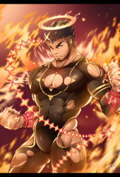 Rule 34 | 1boy, bara, beard, black bodysuit, black hair, bodysuit, facial hair, feet out of frame, fiery background, fire, frown, gluteal fold, halo, highres, hip vent, large pectorals, male focus, mature male, muscular, muscular male, pectoral cleavage, pectorals, pyrokinesis, short hair, sideburns, solo, stubble, tengo (maotengo), thick thighs, thighs, tokyo houkago summoners, torn bodysuit, torn clothes, torn legwear, undercut, zabaniyya (housamo)